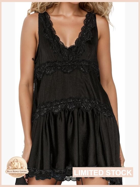 Dresses & Skirts - Lace V-Neck Mini Dress Y2K Ruffle Hem Flowy Swing Boho Short Dress Slip Dress